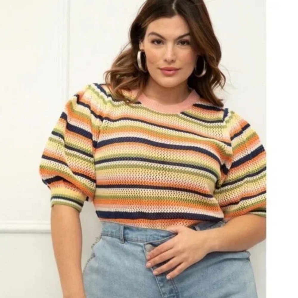 Eloquii Elements Striped Open Knit Sweater Multicolor Plus Size 26/28
